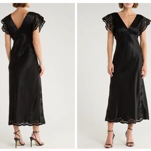 Rails Mckenna Lace Trim Satin Midi Dress BLACK EYELET, Size Medium